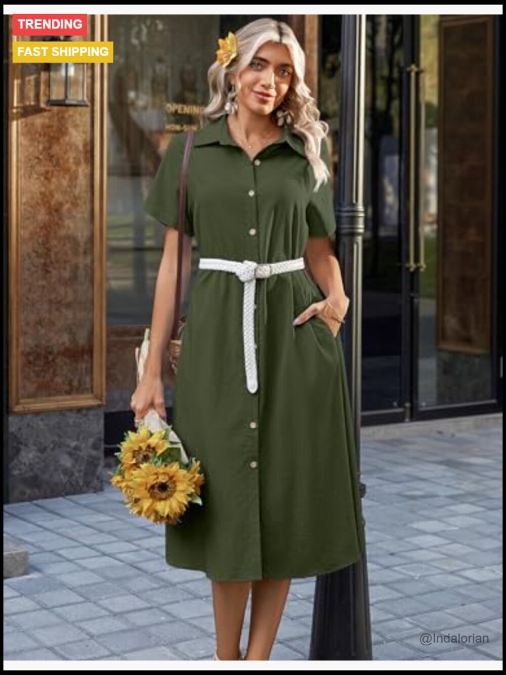 Button Down Shirt Dress A-Line Midi with Pockets Short Sleeve Summer Cover Up - Picture 5 of 7